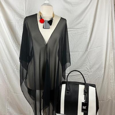 085 Sheer Black Shawl with Modern Necklace and Black and White Handbag