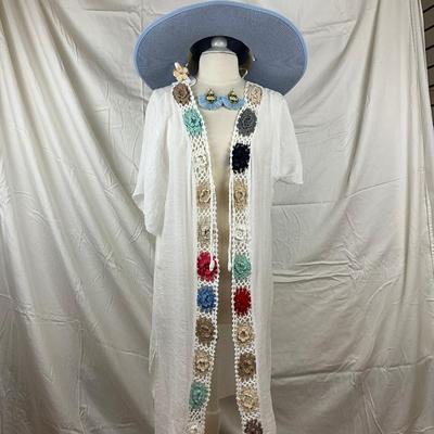 086 BOHO Crochet Trim Coverup with Straw Hat, Fringe Earrings, Ring