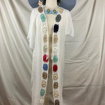 086 BOHO Crochet Trim Coverup with Straw Hat, Fringe Earrings, Ring