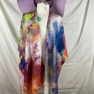 087 Tie Dye Shawl with Purple Sunhat, Sunglasses, and Beaded Earrings