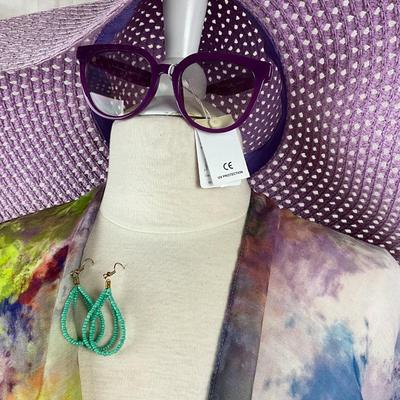 087 Tie Dye Shawl with Purple Sunhat, Sunglasses, and Beaded Earrings