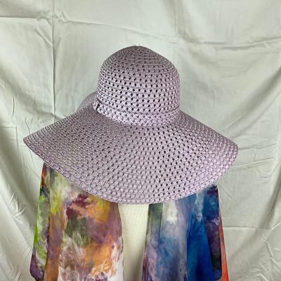 087 Tie Dye Shawl with Purple Sunhat, Sunglasses, and Beaded Earrings