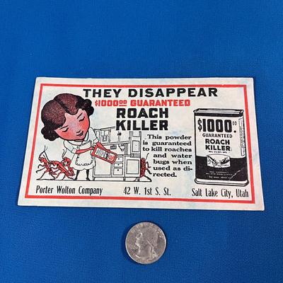 VINTAGE INK BLOTTER CARD â€œGUARANTEED ROACH KILLERâ€ AD ON BACK