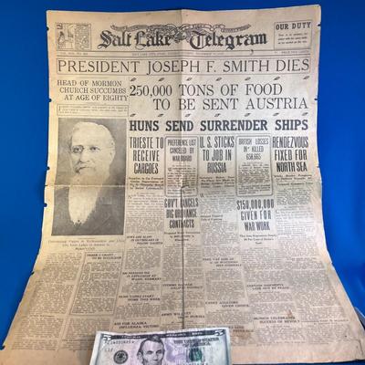 1918 SALT LAKE TELEGRAM NEWSPAPER JOS. F. SMITH DIES, WWI NEWS