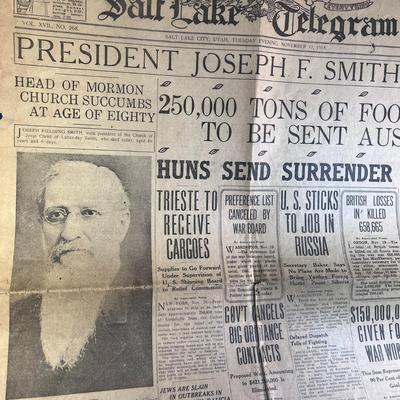 1918 SALT LAKE TELEGRAM NEWSPAPER JOS. F. SMITH DIES, WWI NEWS