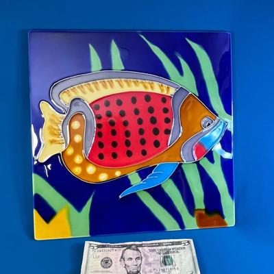 LARGE COLORFUL CERAMIC ART TILE FISH THEME