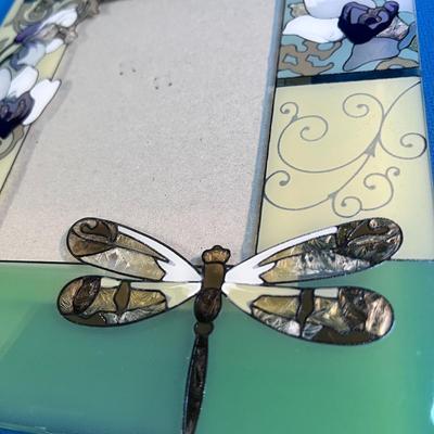 PRETTY RAISED DESIGN FLOWERS & DRAGONFLIES GLASS PICTURE FRAME