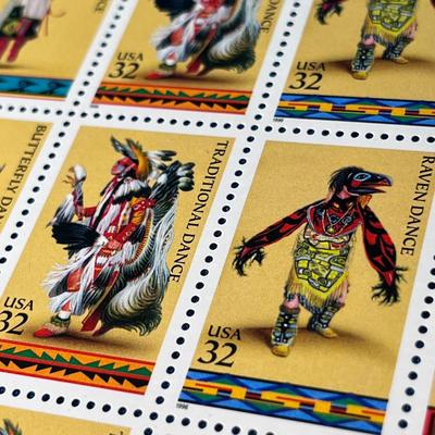 AMERICAN INDIAN DANCES U.S. POSTAGE SHEET OF 32 CENT STAMPS