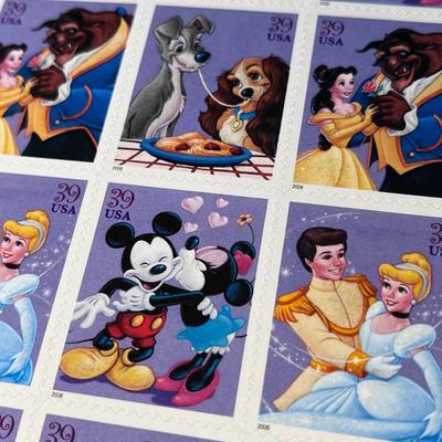 DISNEY ROMANCE U.S. POSTAGE SHEET OF 39 CENT STAMPS
