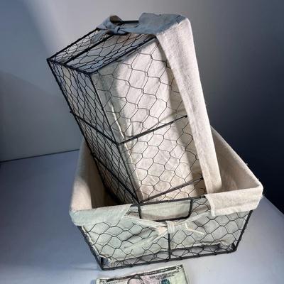 OLD FASHIONED WIRE BASKETS WITH LINEN LINING X 2