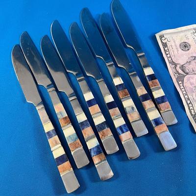 SET OF 8 UNUSUAL DINNER/SERVING KNIVES COLORFUL POLISHED STONE
