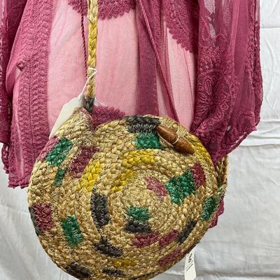 088 Rose Colored Cover Up with Straw Hat and Round Jute Handbag