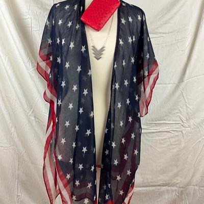 089 Red, White and Blue American Shawl with Red Ostrich Style Clutch and Silver Tone Necklace