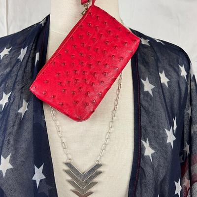 089 Red, White and Blue American Shawl with Red Ostrich Style Clutch and Silver Tone Necklace