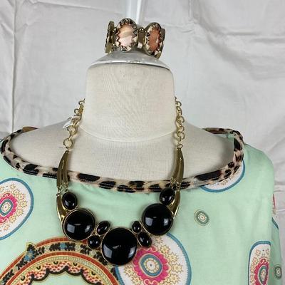 092 Leopard and Paisley Shawl with Black Beaded Necklace and Stone Earrings