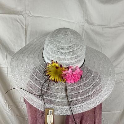 093 Pink Rose Colored Shawl with Rose Beaded Necklace and Earrings with Gray Sunhat