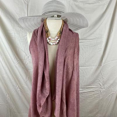 093 Pink Rose Colored Shawl with Rose Beaded Necklace and Earrings with Gray Sunhat