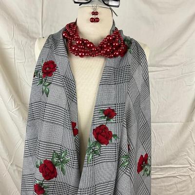 094 Black and White with Red Rose Shawl with Red Beaded Necklace, Earrings and Sunglasses