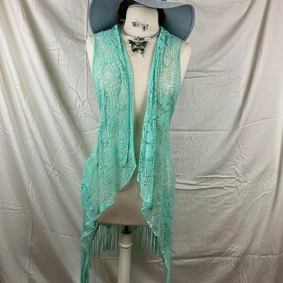 095 Mint Green Shawl with Blue Sunhat and Abalone Silver tone Butterfly Necklace and Earring Set