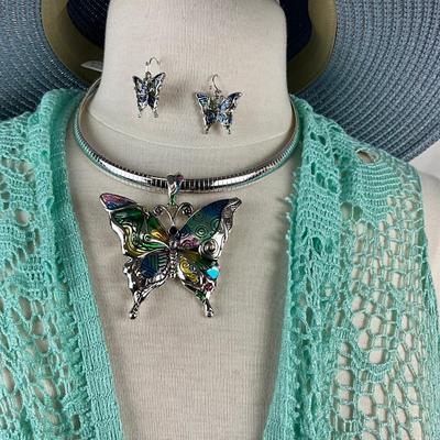 095 Mint Green Shawl with Blue Sunhat and Abalone Silver tone Butterfly Necklace and Earring Set
