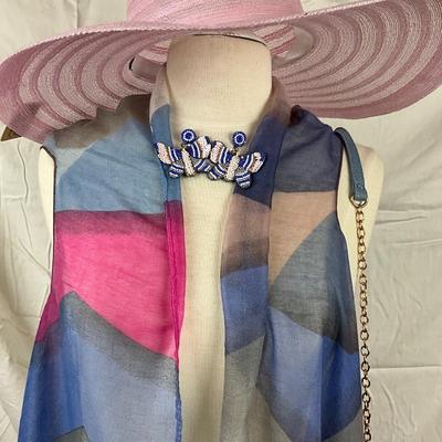 096 Pastel Sheer Shawl with Pink Sunhat, Beaded Butterfly Earrings, Blue Suede Handbag