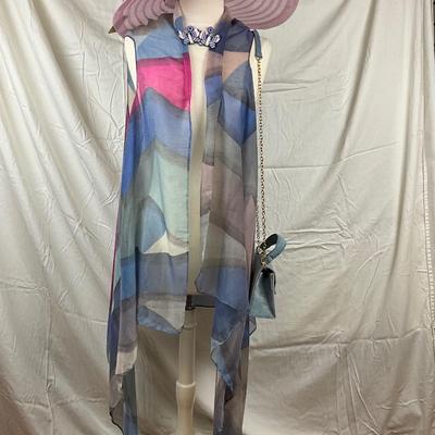 096 Pastel Sheer Shawl with Pink Sunhat, Beaded Butterfly Earrings, Blue Suede Handbag