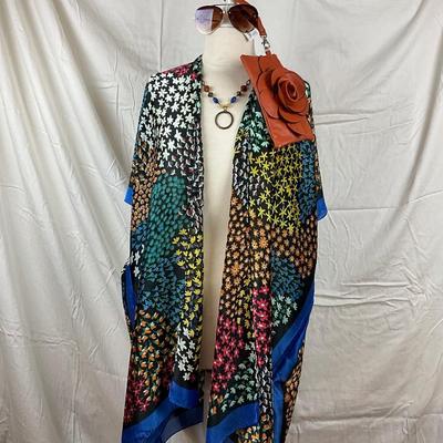 099 Multi Colored Floral Shawl with Flower Clutch, Necklace, Sunglasses