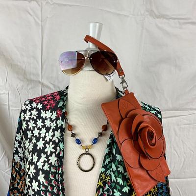 099 Multi Colored Floral Shawl with Flower Clutch, Necklace, Sunglasses