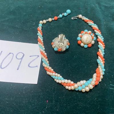 Vintage Bead Necklace and Clip Earrings