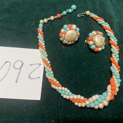 Vintage Bead Necklace and Clip Earrings