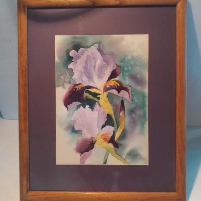 Signed and framed original watercolor Purple Iris Colette Laughlin