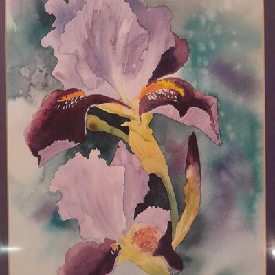 Signed and framed original watercolor Purple Iris Colette Laughlin