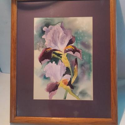Signed and framed original watercolor Purple Iris Colette Laughlin