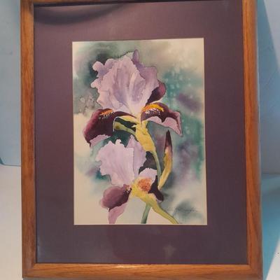 Signed and framed original watercolor Purple Iris Colette Laughlin