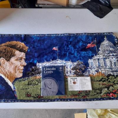 Lincoln Cents with John F. Kennedy Rug/Wall Tapestry, 1960's and unique Lincoln-Kennedy Penny