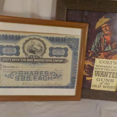 " Colt's Gun Mfg. Co. Stock Certifcate (canceled) and Colt ad. est. $30 to $70.