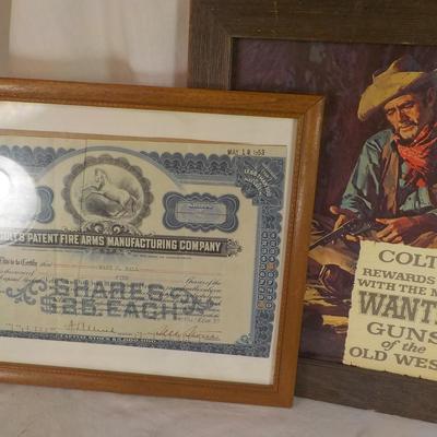 " Colt's Gun Mfg. Co. Stock Certifcate (canceled) and Colt ad. est. $30 to $70.