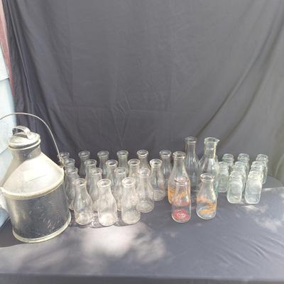 Vintage Glass Milk Bottles and Metal Milk Pail (OB4-BBL)