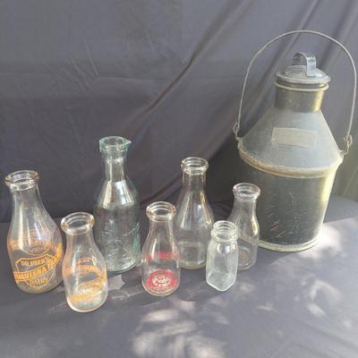Vintage Glass Milk Bottles and Metal Milk Pail (OB4-BBL)