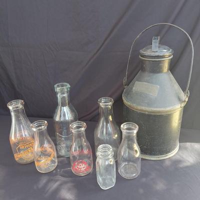Vintage Glass Milk Bottles and Metal Milk Pail (OB4-BBL)