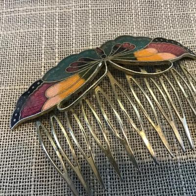 VTG CHINESE CLOISONNÃ‰ ENAMEL BUTTERFLY SHAPED HAIR COMB
