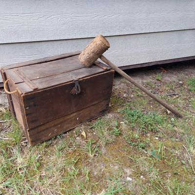 Antique Wooden box w/ Hinged Lid and Mallet (OB4-BBL)