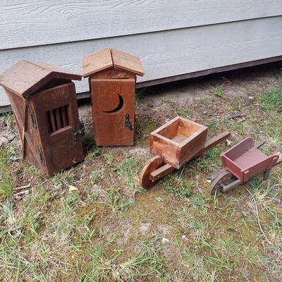 Wooden Outhouse Birdhouses & Wheelbarrows (OB4-BBL)