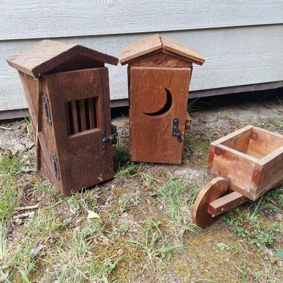 Wooden Outhouse Birdhouses & Wheelbarrows (OB4-BBL)