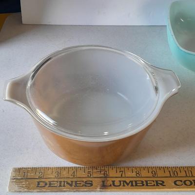 Pyrex > EARLY AMERICAN Gold on Brown Handled Casserole with lid and Pyrex Turquoise Chip Square Bowl