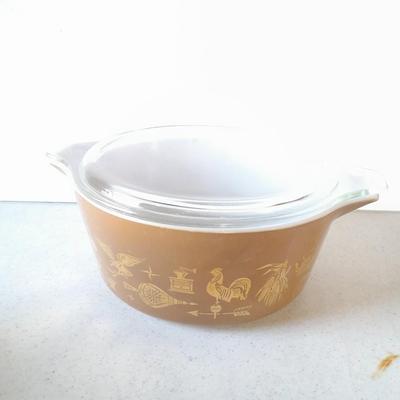 Pyrex > EARLY AMERICAN Gold on Brown Handled Casserole with lid and Pyrex Turquoise Chip Square Bowl