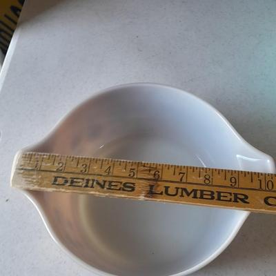 Pyrex > EARLY AMERICAN Gold on Brown Handled Casserole with lid and Pyrex Turquoise Chip Square Bowl