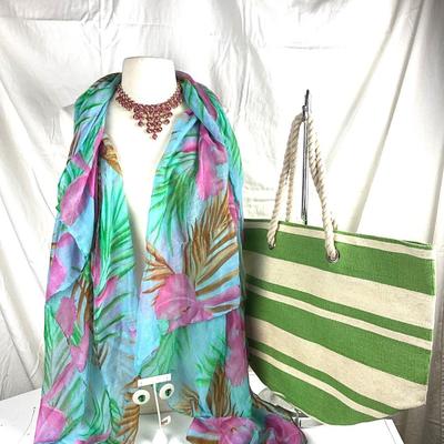 180 Tropical Scarf with Pink Rhinestone Necklace, Beach Bag and Palm Tree Earrings