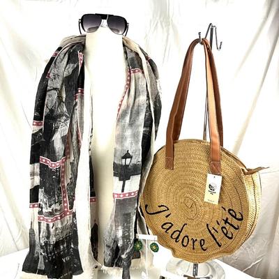 181 J'adore l'ete Jute Handbag with City Scarf, Beaded Earrings and Hinged Bangle Bracelet