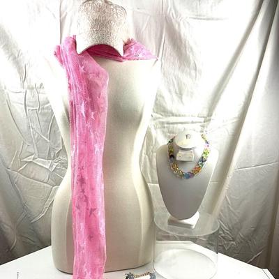 184 Pink Lace Scarf with Pink Hat, Pastel Link Neclace, with Enamel Charm Bracelet